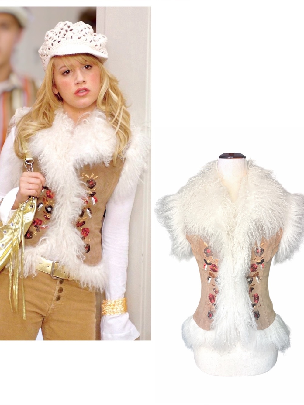 ᥫ᭡. ASO Sharpay Evans tan suede embroidered fur vest High School Musical y2k